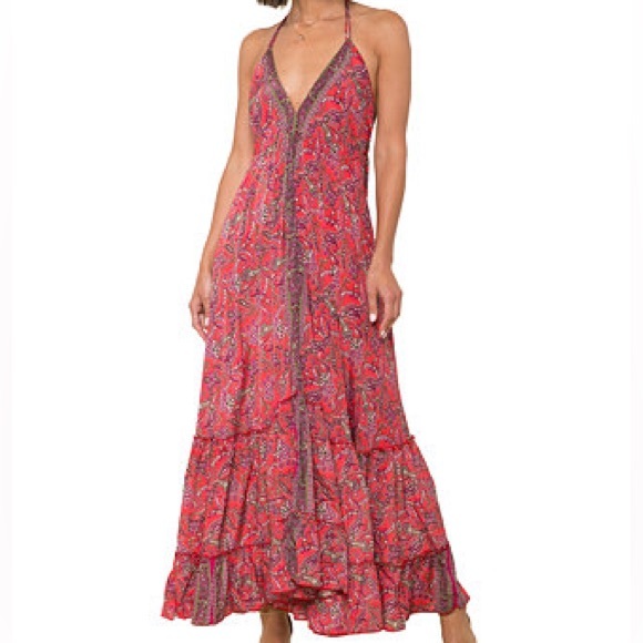 Anthropologie RAGA Open Back Maxi Dress Halter Top Red Paisley Ruffle Tassel M - Picture 8 of 8